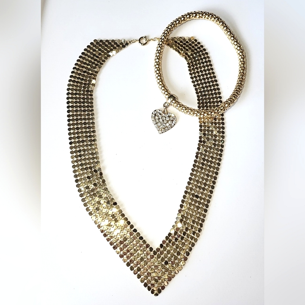 MESH V-SHAPED CHOKER NECKLACE + BRACELET ALL GOLDTONE